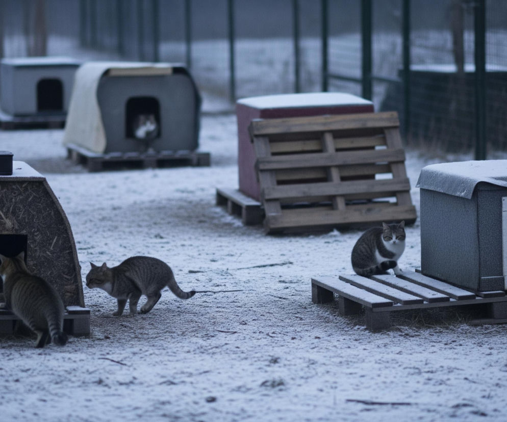 Na ośnieżonym, surowym terenie znajduje się siedem bud dla kotów, z czego cztery są wyraźnie widoczne na pierwszym planie i w środku kadru. Dwa koty w paski wchodzą lub wychodzą z bud, trzeci kot w paski siedzi na ośnieżonej palecie, a czwarty, biało-rudy kot, spogląda z wnętrza innej budy. Tło stanowią niewyraźne, zaśnieżone krzewy i drzewa, otoczone siatkowym ogrodzeniem.