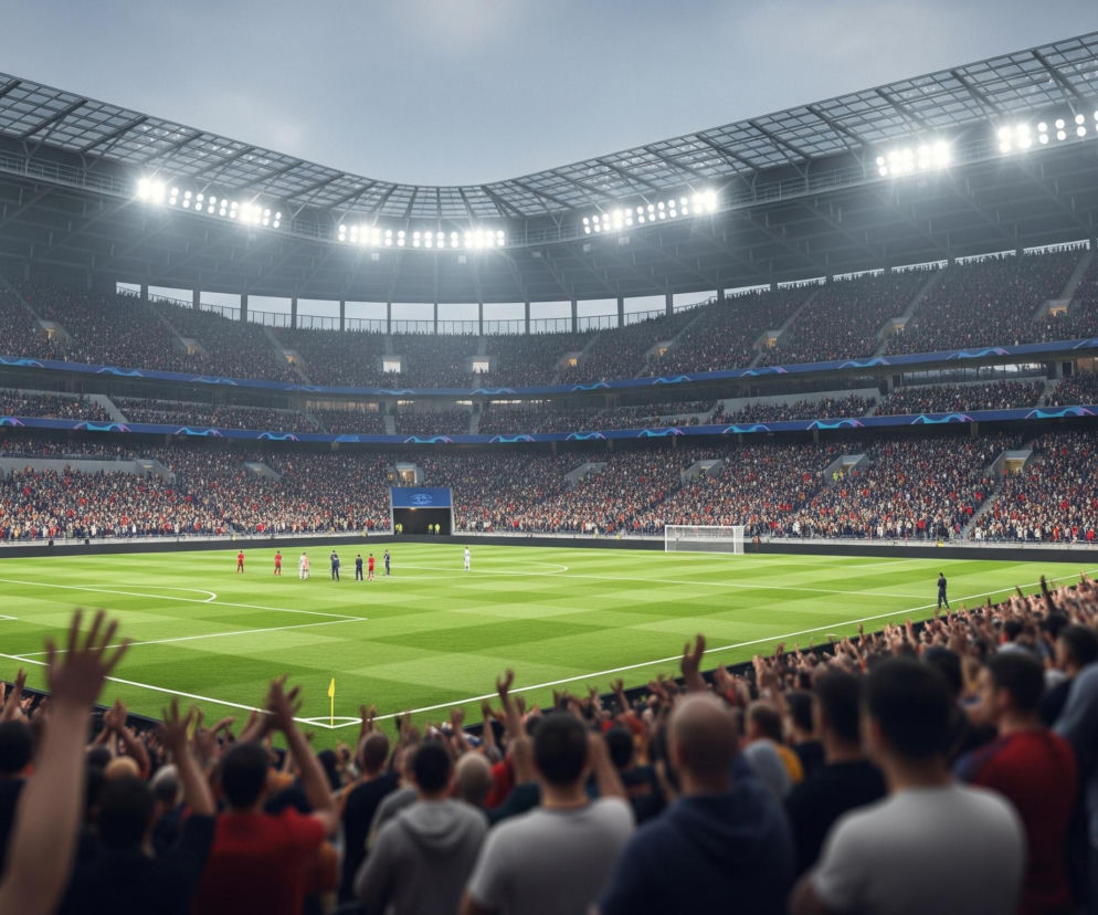 Stadion piłkarski wypełniony kibicami, z których wielu w pierwszym planie ma podniesione ręce, wiwatując. Zielona murawa stadionu jest równomiernie oświetlona, z widocznymi bramkami po obu stronach. Na boisku znajduje się kilkunastu zawodników w czerwonych, niebieskich i białych strojach. Trybuny są pełne ludzi, a ich rzędy pną się ku górze, gdzie zamontowane są potężne reflektory, emitujące jasne światło.