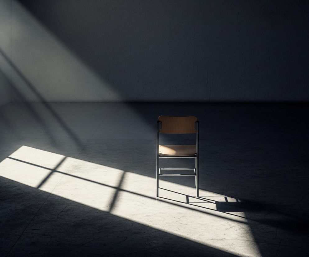 W centrum kadru stoi pojedyncze krzesło z jasnym, drewnianym oparciem i siedziskiem oraz ciemnym, metalowym stelażem. Krzesło znajduje się na betonowej, popękanej podłodze. Z lewej strony kadru, w górnej części, widać kwadratowe okno z pionowymi prętami. Przez to okno wpada do pomieszczenia strumień światła, tworząc na podłodze dużą, jasną plamę z widocznym cieniem krat. Większość pomieszczenia jest zacieniona, ściany i podłoga mają ciemnoszarą barwę, przechodzącą w czerń.