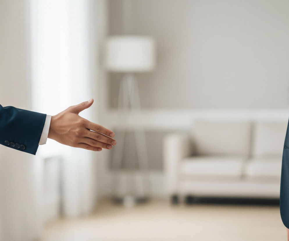 Lewa strona zdjęcia przedstawia wyciągniętą dłoń osoby w ciemnym, granatowym garniturze z białą mankietą koszuli, gotową do uścisku. Ręka skierowana jest w stronę drugiej osoby, której fragment prawego boku i rękawa garnituru widać po prawej stronie kadru. Tło stanowi rozmyte wnętrze z jasnymi ścianami, oknem po lewej, białym fotelem lub sofą po prawej i lampą stojącą w centralnej części. Podłoga ma jasnobrązowy, drewniany wygląd.