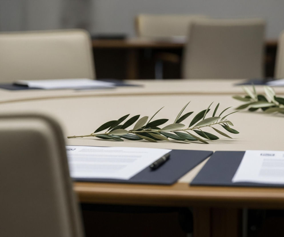 Na pierwszym planie, centralnie, leży gałązka oliwna z ciemnozielonymi liśćmi, rozłożona na jasnobeżowym, okrągłym stole konferencyjnym. Obok gałązki, na czarnej podkładce, leży długopis obok dokumentu z wydrukowanym tekstem. Wokół stołu widać beżowe krzesła, a na dalszym planie inne, rozmyte elementy wyposażenia pomieszczenia.