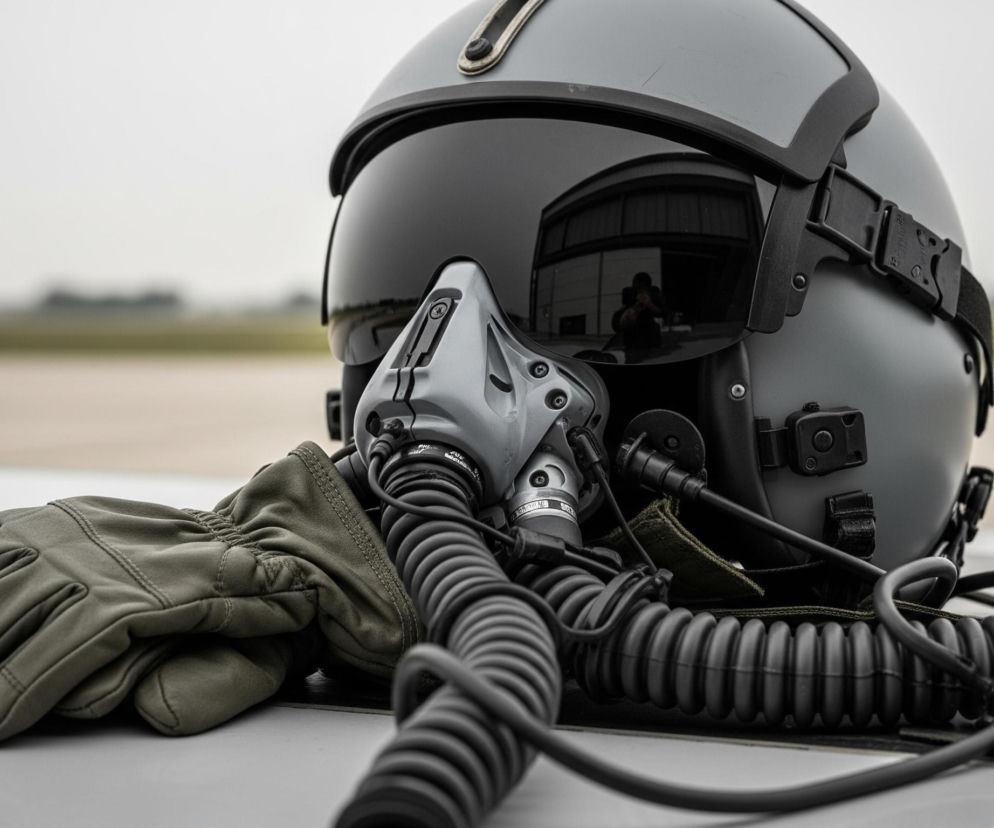 Wojskowy hełm lotniczy w kolorze szarym, leżący na jasnej powierzchni, prawdopodobnie skrzydle samolotu, z odblaskiem na powierzchni. Do hełmu przymocowana jest szara maska tlenowa z widocznymi elementami mocującymi oraz czarny, spiralny przewód. Obok hełmu leży para zielonych, skórzanych rękawiczek, a w lustrzanej powierzchni wizjera hełmu odbija się zamazany obraz osoby fotografującej oraz element konstrukcji, być może hangaru. Tło jest rozmyte, z widoczną zieloną linią horyzontu i jasnym, zachmurzonym niebem.