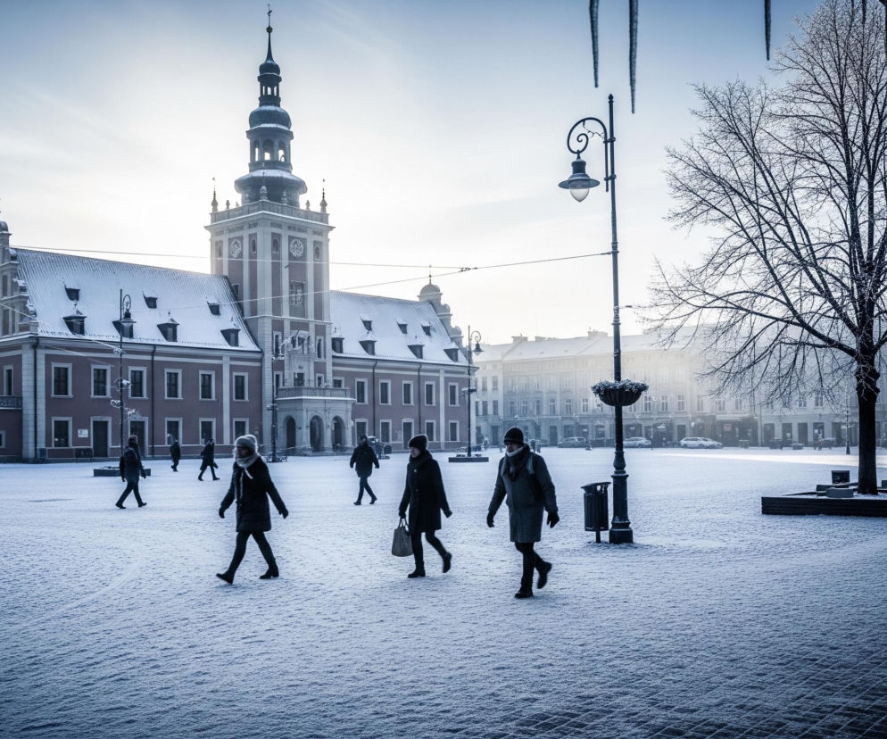 Szeroki plac miejski jest pokryty warstwą białego śniegu, a na jego środku poruszają się pojedyncze osoby ubrane w ciemne, zimowe płaszcze i czapki, rzucające długie cienie na śnieżną powierzchnię. W tle dominuje duży, zabytkowy budynek z wysoką, smukłą wieżą zegarową, również pokryty śniegiem na dachach, a po bokach placu stoją ozdobne latarnie uliczne oraz nagie drzewa. Prawej strony kadru zwisają długie sople lodu, podkreślając zimową atmosferę, a błękitne niebo z delikatnymi smugami chmur rozjaśnia scenę.