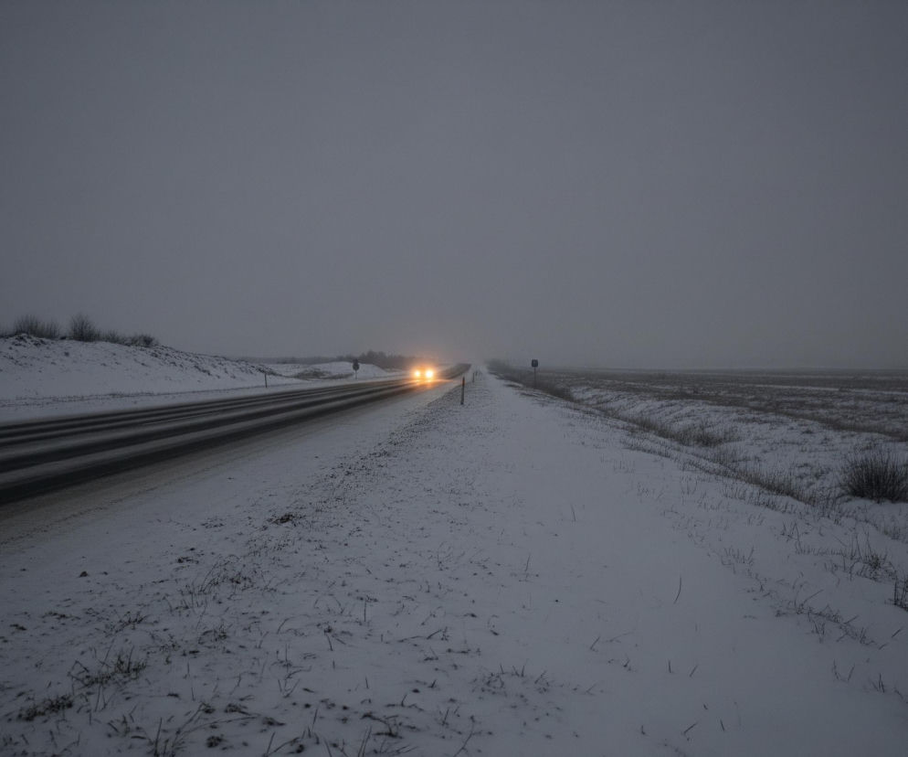 Długa, zaśnieżona droga z trzema wyraźnymi, ciemnymi pasami biegnie przez centrum kadru, rozciągając się w kierunku horyzontu. Po obu stronach drogi rozpościera się biały, zaśnieżony krajobraz z widocznymi kępkami wyschniętej trawy i niewielkimi krzewami. Na lewo od drogi, w oddali, stoją pojedyncze, nagie drzewa, a bliżej, po prawej stronie drogi, widać ledwie zarys pola uprawnego, również pokrytego śniegiem. Całe niebo jest jednolicie szare, sugerując późny wieczór lub wczesny ranek, a w oddali na drodze świecą intensywnie żółte światła nadjeżdżającego samochodu, rzucając delikatną poświatę na otoczenie.