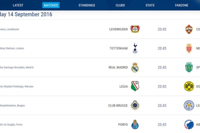 Liga Mistrzów 14.09.2016 - TERMINARZ, MECZE