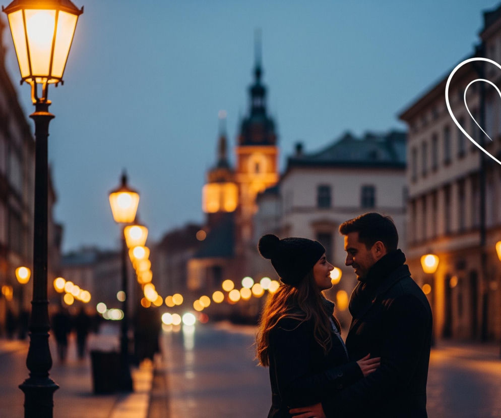 Młoda para stoi w objęciach na ulicy wczesnym wieczorem lub o zmierzchu, spoglądając sobie w oczy. Kobieta ma na sobie czarną czapkę z pomponem i ciemny płaszcz, a jej długie, brązowe włosy są widoczne po prawej stronie. Mężczyzna ubrany jest w ciemny płaszcz i szalik, ma ciemne włosy i lekki zarost. W tle rozciąga się miejski krajobraz z długą ulicą, oświetloną rzędem latarni ulicznych, które tworzą ciepłe, pomarańczowe punkty świetlne. Po lewej stronie pierwszego planu widoczna jest duża latarnia oświetlająca scenę. Nad ulicą, po prawej stronie obrazu, unosi się stylizowany, biały kontur serca.