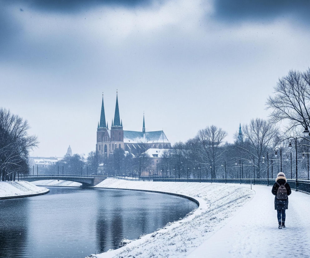 Kobieta w ciemnej kurtce z kapturem obszytym jasnym futrem, czarnych spodniach i jasnej czapce z pomponem idzie samotnie zaśnieżonym chodnikiem wzdłuż rzeki, na plecach ma brązowy plecak. Ścieżka jest ograniczona z prawej strony czarną, ozdobną barierką i szeregiem latarni o wygiętych ramionach, a za nimi widać nagie drzewa. Po lewej stronie rzeka płynie zakrętem, jej brzegi pokryte są śniegiem, a dalej w tle widoczny jest most oraz duży, gotycki budynek z dwoma wysokimi, spiczastymi wieżami, częściowo pokryty śniegiem. Całość tonie w zimowej atmosferze, z szarym, zachmurzonym niebem i drobnymi płatkami śniegu widocznymi w powietrzu.