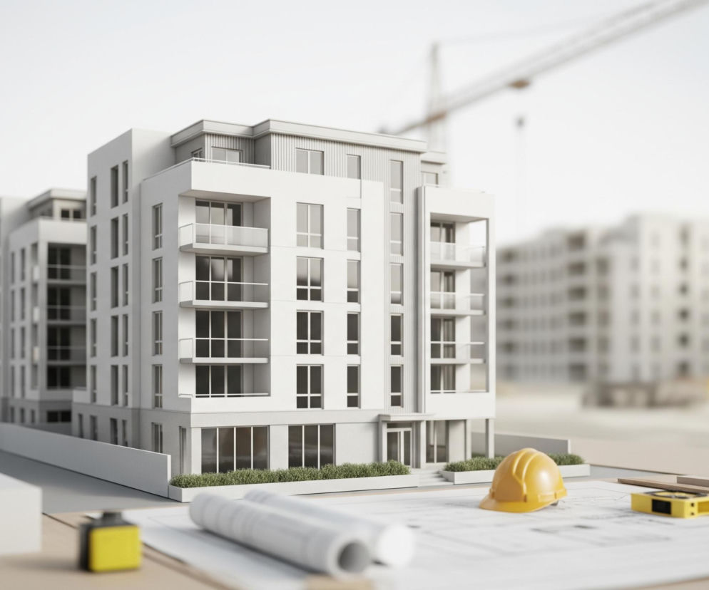 Na pierwszym planie, z prawej strony, leży żółty kask budowlany obok rozwiniętych, białych projektów architektonicznych. Dalej, po lewej stronie, znajdują się zwinięte arkusze papieru i mniejsze narzędzia, wszystkie ułożone na jasnym blacie. Główny obiekt to biały, kilkupiętrowy model budynku mieszkalnego z licznymi oknami i balkonami, otoczony zielonymi krzewami na niewielkiej podstawie. W tle, rozmyte, widoczne są inne podobne budynki oraz zarys ramienia żurawia budowlanego na jasnym, niemal białym niebie.