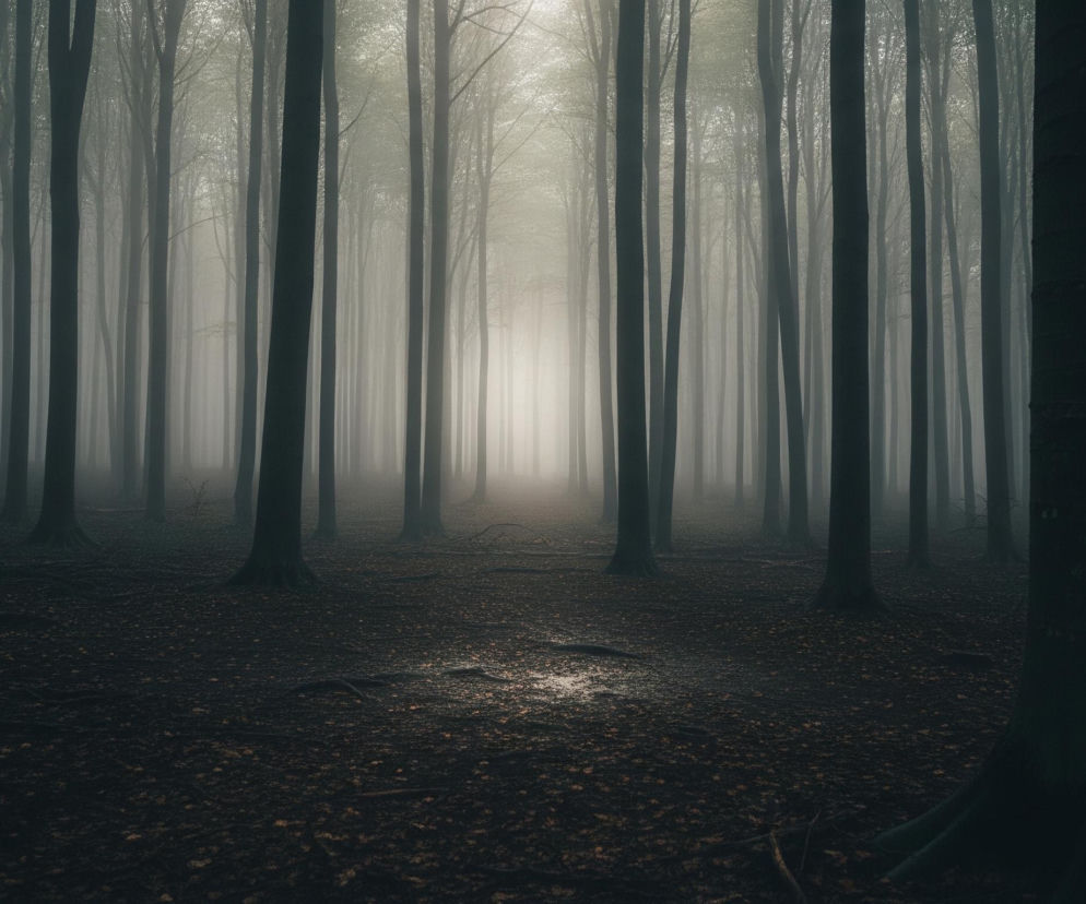 Głęboki las spowity jest gęstą mgłą, rozciągającą się od podłoża aż po korony drzew. Wysokie, proste pnie drzew dominują w kadrze, tworząc niemal pionowe linie, z których niektóre są bliżej, inne dalej, zanikając w oddali. Dno lasu pokryte jest ciemnymi liśćmi i gałęziami, a gdzieniegdzie widoczne są fragmenty korzeni. W oddali, pośrodku kadru, panuje jasna poświata, kontrastująca z ciemniejszymi barwami pierwszego planu, co sugeruje źródło światła przebijające się przez mgłę.
