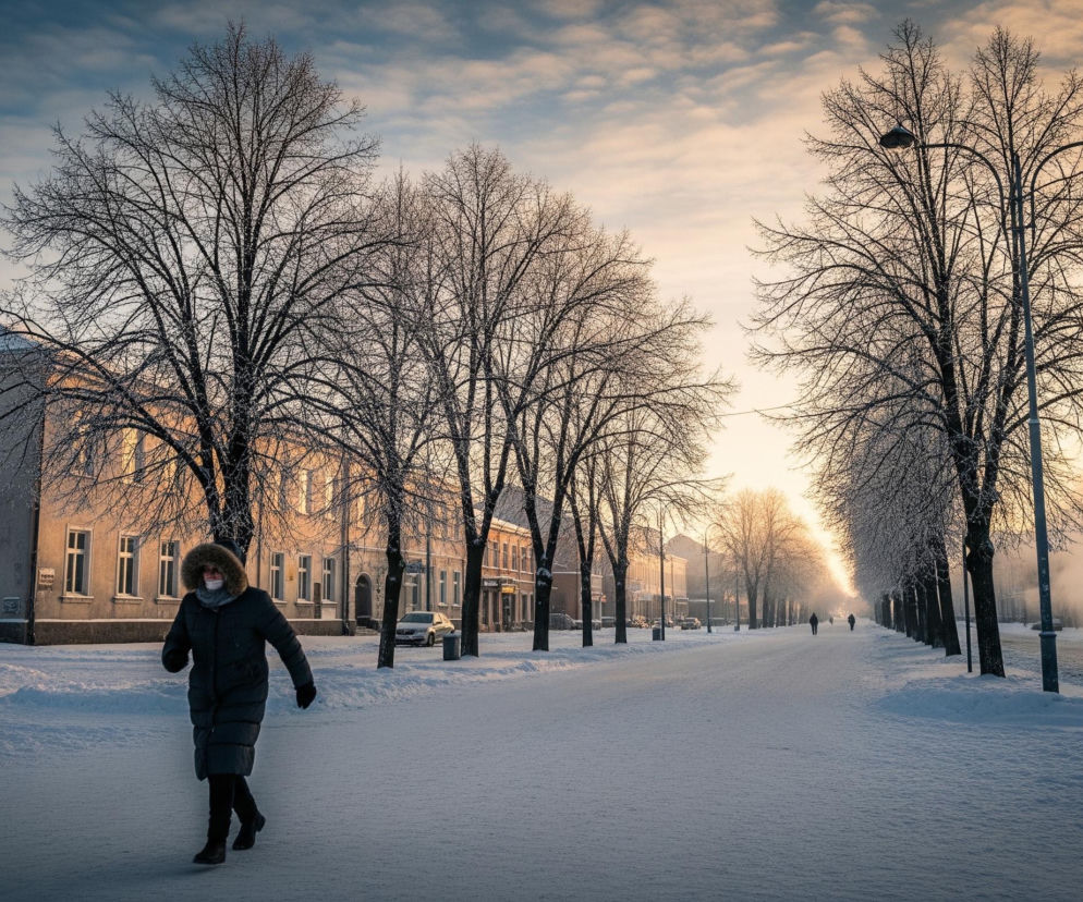 Kobieta w ciemnej kurtce z futrzanym kapturem, szarym szalikiem i białą maseczką, idzie po zaśnieżonym chodniku w kierunku lewego dolnego rogu obrazu. Ulica, również pokryta śniegiem, biegnie prosto w głąb kadru, otoczona rzędami bezlistnych drzew i budynków po obu stronach. Na prawo od kobiety, po drugiej stronie ulicy, widoczny jest srebrny samochód, a dalej w tle, po prawej stronie drogi, unosi się smuga białego dymu. Niebo nad ulicą rozciąga się od błękitno-szarych tonów po lewej, do ciepłych odcieni pomarańczu i złota po prawej stronie, co sugeruje wschód lub zachód słońca.