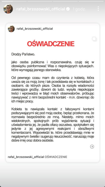 Rafał Brzozowski jest ofiarą stalkingu. Przestrzega swoich fanów i prosi o wzmożoną ostrożność.