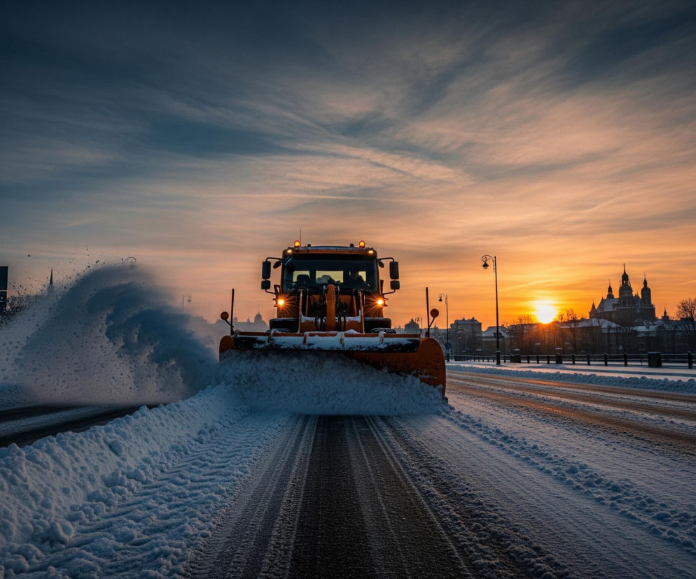 Na pierwszym planie, centralnie, widać pomarańczową ciężarówkę ze spychaczem, która usuwa śnieg z jezdni, tworząc po lewej stronie duży, biały obłok rozbryzgującego się śniegu. Na drodze, po której porusza się pojazd, widoczne są dwa wyraźne ślady od opon oraz resztki ubitego śniegu i lodu. Po obu stronach jezdni leżą grube warstwy śniegu, tworzące białe zaspy.

Horyzont zdominowany jest przez nisko zawieszone, pomarańczowo-złote słońce, które oświetla niebo, przechodzące od jasnych odcieni pomarańczu na prawo od centrum, do ciemnego błękitu w lewej górnej części kadru. Na tle nieba i słońca widać zarys budynków, w tym charakterystyczne wieże i dachy, oraz drzewa bez liści, co sugeruje zimę. Po prawej stronie, nieco dalej, widoczna jest latarnia uliczna.