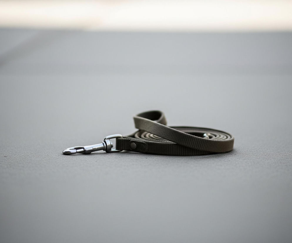 Na pierwszym planie, centralnie, leży zwinięta smycz w kolorze ciemnooliwkowym lub szaro-zielonym. Jeden koniec smyczy zakończony jest srebrnym, metalowym karabińczykiem, a drugi, częściowo widoczny, ciemniejszą, materiałową pętlą z okrągłym nitem. Smycz ułożona jest na teksturowanej, szarej powierzchni, która zajmuje większość kadru, a w tle widać rozmyte, jaśniejsze, niemal białe obszary.