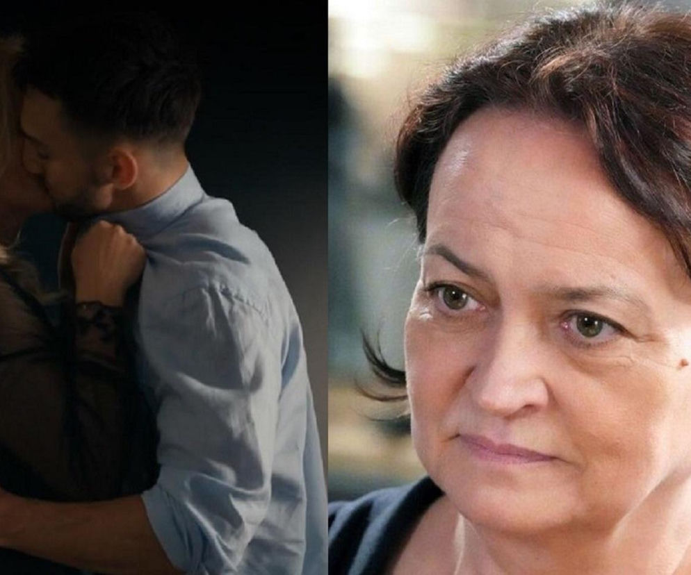 Kolaż zdjęć przedstawiający z lewej strony namiętny pocałunek Mirka (Oliwier Kozłowski) i Justyny Zytko (Sylwia Juszczak-Krawczyk), po prawej ujęcie twarzy zmartwionej Bogusi (Halina Bednarz), która martwi się o wnuka. Więcej o losach bohaterów serialu Barwy szczęścia przeczytasz na Super Seriale.