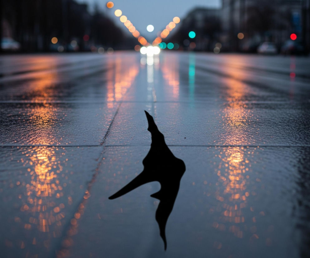 Na mokrej, asfaltowej nawierzchni drogi leży samotny, czarny liść, wyraźnie kontrastujący z wilgotnym tłem. Droga jest błyszcząca, odbijając światła miejskie w odległości, tworząc długie, rozmazane pasma pomarańczowych, białych i zielonych refleksów. W tle widać niewyraźne sylwetki budynków i drzew, a nad horyzontem niebo ma szarobłękitny odcień.
