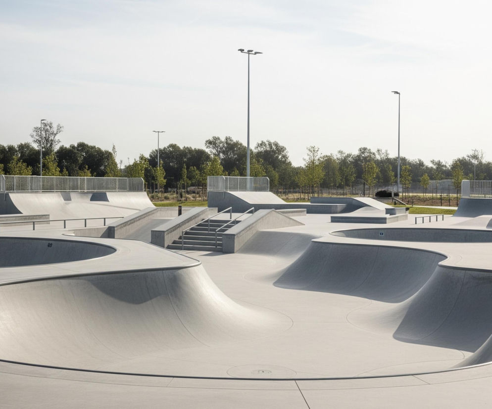 Rozległy, nowoczesny skatepark wykonany z jasnoszarego betonu, obejmujący różnorodne, płynne kształty i rampy. W centrum widoczne są głębokie, zaokrąglone baseny oraz liczne pochyłości i płaskie platformy, połączone schodami i poręczami ze stali. Otaczający skatepark teren jest zielony, z trawą i młodymi drzewami, a w tle rozciąga się pas gęstych, liściastych drzew pod jasnym, bezchmurnym niebem. Kilka wysokich, srebrnych latarni oświetleniowych stoi na skraju parku, akcentując przestrzeń.