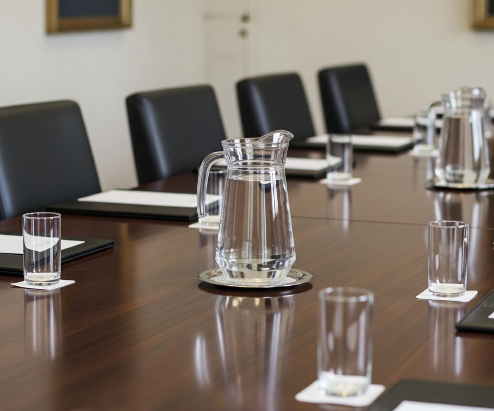 Długi, polerowany stół konferencyjny w kolorze ciemnobrązowego drewna zajmuje centralną część obrazu. Na stole, w rzędach, rozmieszczone są szklane karafki z wodą i puste szklanki na białych podkładkach, a obok nich leżą czarne podkładki biurowe z białymi kartkami papieru. W tle widać rząd czarnych, skórzanych krzeseł, a za nimi jasnobeżową ścianę z fragmentem złotego obrazu i białymi drzwiami z mosiężną klamką.