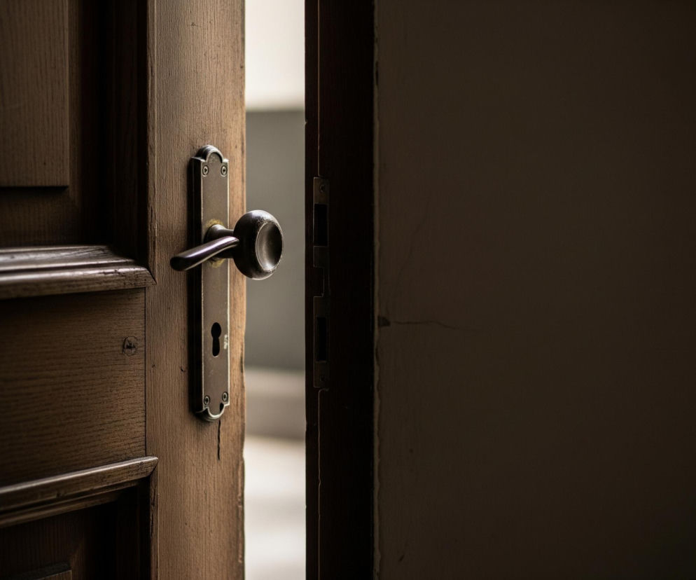 Otworzone, drewniane drzwi w odcieniach brązu, z widocznym usłojeniem, dominują w kadrze. Na ich powierzchni zamontowana jest mosiężna, zdobiona klamka z okrągłą gałką i podłużną tabliczką, zawierającą również otwór na klucz. Po prawej stronie, za otwartymi drzwiami, widać jasną przestrzeń, kontrastującą z ciemnymi krawędziami ościeżnicy i wnętrzem pokoju po prawej stronie.