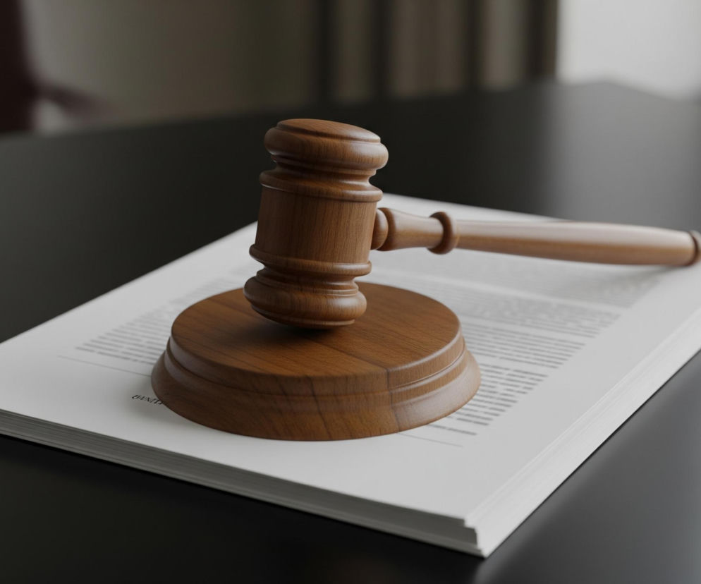 Drewniany młotek sędziowski leży na stosie białych kartek papieru, które zawierają niewyraźny tekst w języku angielskim. Młotek ma jasnobrązowy kolor i wyraźne słoje drewna, a jego trzonek skierowany jest w prawo. Wszystko spoczywa na ciemnym, błyszczącym blacie stołu, który odbija światło w prawym dolnym rogu. W tle widać niewyraźne, ciemne kształty, sugerujące wnętrze pomieszczenia.