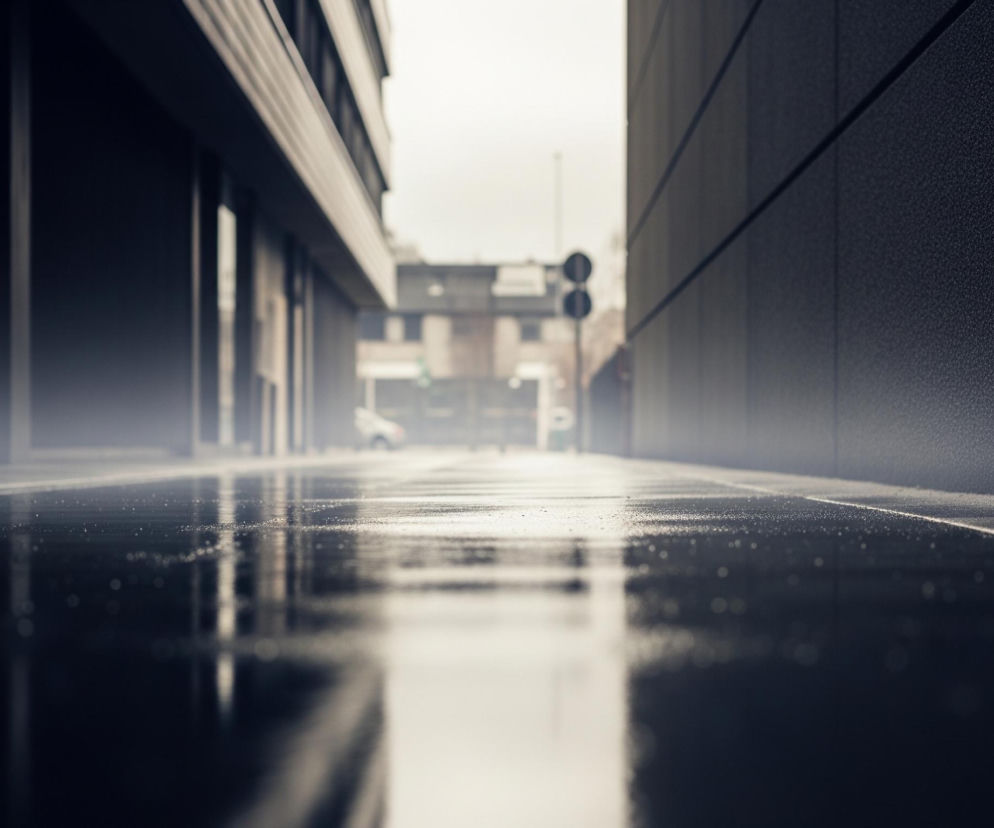 Szeroka droga z błyszczącą, mokrą nawierzchnią dominuje w kadrze, rozciągając się od dołu obrazu w głąb perspektywy. Po obu stronach drogi wznoszą się ciemne budynki o prostych, modernistycznych fasadach, z widocznymi poziomymi i pionowymi elementami architektonicznymi. Horyzont jest zamglony, z niewyraźnymi sylwetkami dalszych budynków i słupa z okrągłymi znakami drogowymi, co tworzy wrażenie chłodnego, pochmurnego dnia.