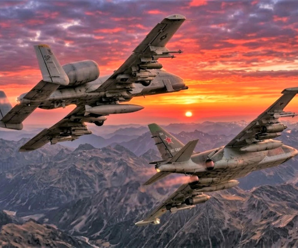 Amerykański A-10 i radziecki Su-25 lecą nad górskimi szczytami o zachodzie słońca. O zmierzchu tych maszyn pisze SE Portal Obronny.