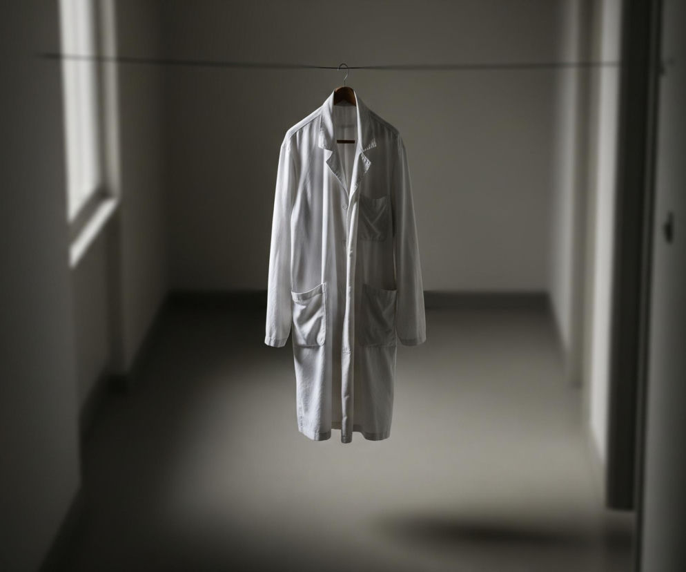 Biały fartuch medyczny wisi na brązowym drewnianym wieszaku, który z kolei zawieszony jest na cienkiej, poziomej linie. Fartuch umieszczony jest centralnie na tle długiego, wąskiego korytarza, oświetlonego naturalnym światłem z lewej strony, tworzącym miękkie cienie na ścianie. Prawa strona obrazu jest ciemniejsza, z widocznymi zarysami drzwi.