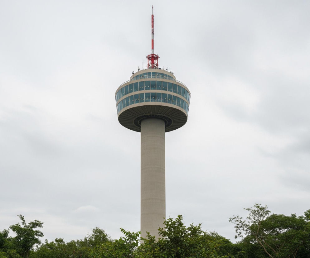 Strzelista wieża dominuje centralnie na obrazie, wznosząc się wysoko ponad zielone drzewa. Jej smukły, betonowy trzon w kolorze jasnoszarym wspiera okrągłą, przeszkloną konstrukcję obserwatorium z dwoma poziomami okien. Ponad nią znajduje się kratownicowa konstrukcja w kolorze czerwonym, zakończona cienką anteną również z czerwonymi segmentami. Wieża otoczona jest obfitym, ciemnozielonym listowiem na pierwszym planie, a tło stanowi jednolicie zachmurzone, jasnoszare niebo.