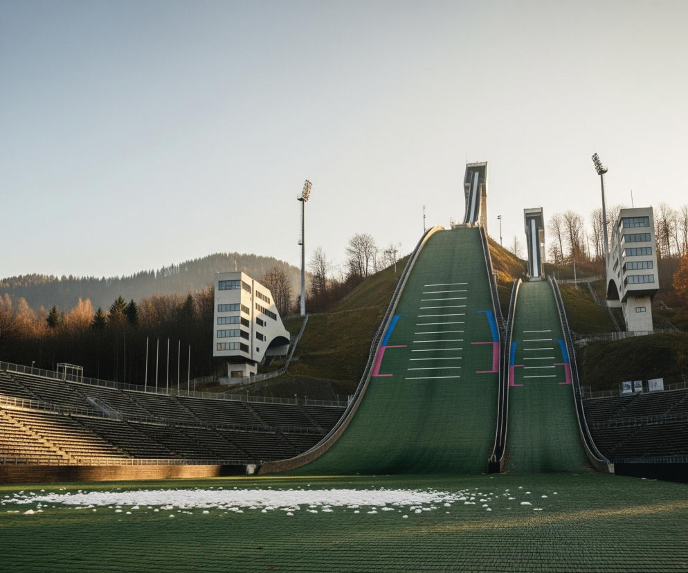 Kompleks dwóch skoczni narciarskich z zielonymi matami imitującymi śnieg, otoczony trybunami i lasem. W centralnej części kadru znajdują się profile skoczni z białymi, poziomymi liniami oraz niebieskimi i różowymi oznaczeniami. Po lewej stronie rozciąga się długa, pusta trybuna z rzędami siedzeń, częściowo oświetlona ciepłym światłem. Po prawej stronie również widać fragmenty trybun, znajdujące się w cieniu.

Na pierwszym planie, u podnóża skoczni, leżą niewielkie kępki sztucznego śniegu na zielonym, siatkowanym podłożu. W tle, za skoczniami, widać zalesione wzgórza i bezchmurne, jasne niebo. Dwie wysokie, metalowe wieże oświetleniowe, po jednej z każdej strony trybun, górują nad obiektem. Po obu stronach skoczni stoją również modernistyczne budynki kontrolne, z dominującym białym kolorem i licznymi prostokątnymi oknami.