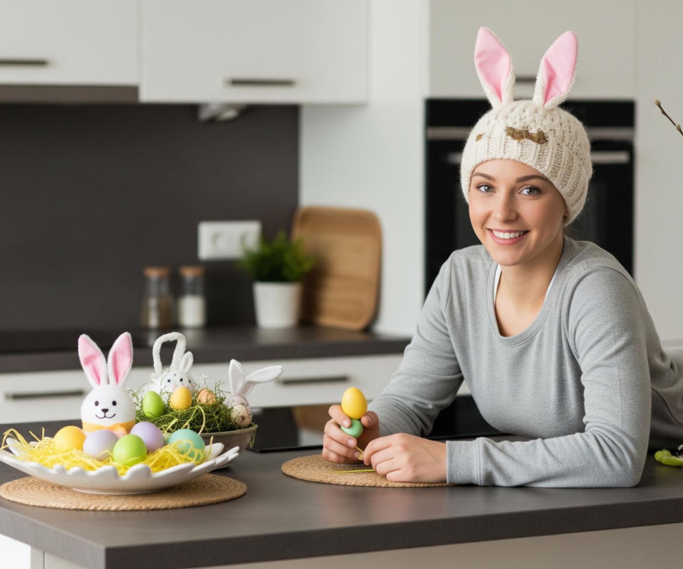 Młoda kobieta, ubrana w szarą bluzę z długim rękawem i białą czapkę z różowymi uszami królika, leży na ciemnym blacie kuchennym, uśmiechając się do kamery. W dłoniach trzyma żółto-zieloną dekorację w kształcie jajka. Na blacie, po lewej stronie od niej, znajduje się biała miska z falowanymi brzegami, wypełniona żółtą sztuczną trawą i kolorowymi jajkami, obok której stoi pluszowy biały królik. Dalej na blacie, również po lewej stronie, widoczna jest mniejsza miseczka z zieloną sztuczną trawą, kilkoma jajkami i drugim białym królikiem. Po prawej stronie kobiety, na blacie, stoi szklany wazon przewiązany beżową wstążką, wypełniony białymi i fioletowymi kwiatami oraz gałązkami bazi. W tle widać nowoczesną kuchnię z białymi szafkami i ciemnoszarym panelem ściennym.