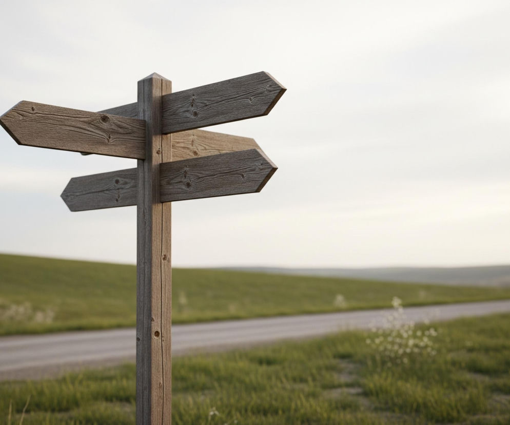 Na pierwszym planie, po lewej stronie kadru, znajduje się drewniany drogowskaz złożony z pionowego słupa i czterech poziomych strzałek. Strzałki wykonane są z drewna o widocznej fakturze słojów i wgnieceń, każda skierowana w inną stronę – dwie w lewo i dwie w prawo. Słup oraz strzałki mają ciemnobrązową barwę.

W tle rozciąga się pagórkowaty krajobraz z zielonymi wzgórzami pokrytymi trawą. Pośrodku obrazu widać drogę o szarej nawierzchni, biegnącą przez zielone pola i znikającą w oddali. Niebo jest jasne, o delikatnych odcieniach bieli i błękitu, z niewyraźnymi chmurami.