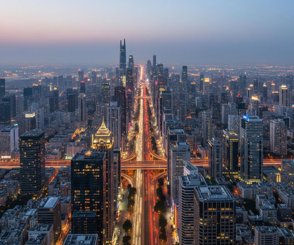 Centralnie biegnie szeroka, wielopasmowa autostrada, oświetlona smugami światła od poruszających się pojazdów, przypominającymi czerwone i białe linie. Po obu stronach autostrady rozciąga się miejski krajobraz z niezliczonymi wieżowcami i budynkami o różnych wysokościach, z których wiele ma zapalone światła w oknach. W oddali, na horyzoncie, widać rozległą metropolię z punktami świetlnymi, a niebo przybiera odcienie fioletu i błękitu, sugerując zmierzch lub wschód słońca.