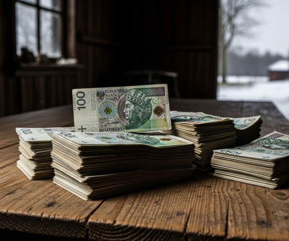 Stosy banknotów dwustuzłotowych i stuzłotowych leżące na drewnianym stole w pomieszczeniu z oknem, za którym widać zimowy krajobraz. Zdjęcie symbolizuje wsparcie finansowe i dotacje dla rolników na obniżenie kosztów hodowli, o których przeczytasz na Super Biznes.
