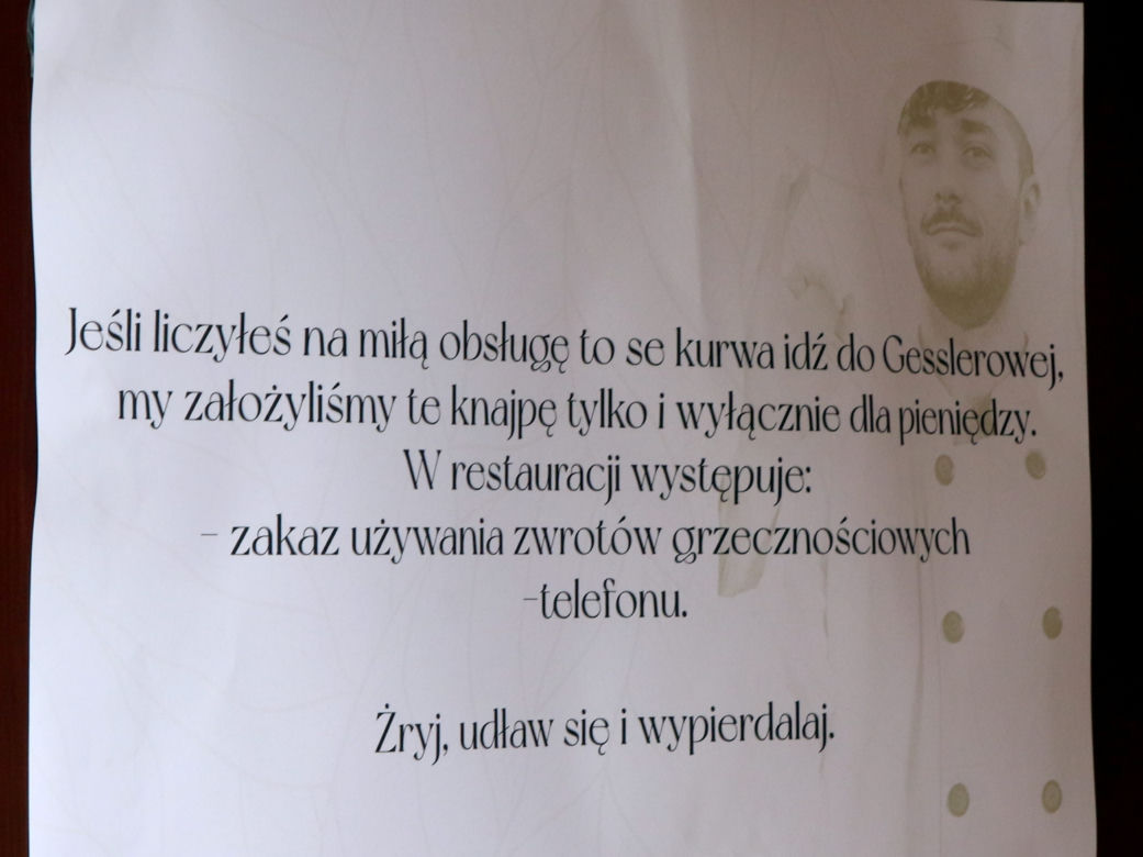 Nowa restauracja w Warszawie szokuje. "Udław się i wy*******aj"
