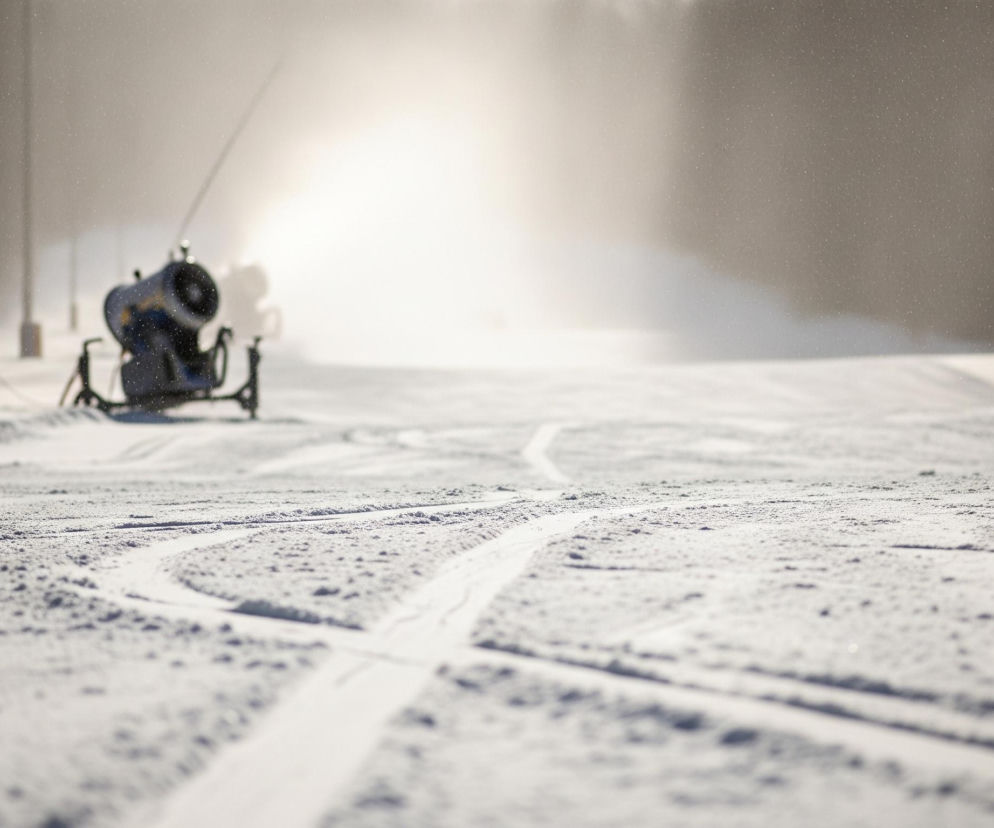 Ośnieżony stok narciarski rozciąga się w kierunku oddalonego, ciemnego lasu po prawej stronie. Na pierwszym planie widoczne są ślady nart lub ratraka na powierzchni śniegu, z wyraźnymi, wąskimi rowkami. W centralnej części obrazu, lekko po lewej, znajduje się niebiesko-szara armatka śnieżna na czarnym stojaku, która intensywnie pracuje, wyrzucając strumień białego śniegu w prawą stronę. Biały strumień rozjaśnia tło, tworząc jasną, rozmytą poświatę i rozprzestrzeniając maleńkie, białe drobinki śniegu w powietrzu. Po lewej stronie armatki widoczne są słupy z linkami lub rurami, zaś nad horyzontem ciemnieje pas drzew, częściowo zakryty przez mgłę lub padający śnieg.