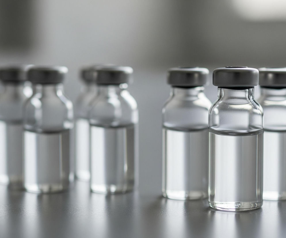Na gładkiej, szarej powierzchni, prawdopodobnie blacie laboratoryjnym, stoi rząd sześciu szklanych fiolek. Przednia fiolka, najbardziej ostra, zawiera przezroczysty płyn i jest zamknięta ciemnoszarą nakrętką z jaśniejszym, płaskim dyskiem na wierzchu. Pozostałe fiolki są nieco rozmyte i ustawione za pierwszą, tworząc dwa rzędy po trzy, lub jeden rząd w lekkim łuku. W tle znajduje się nieostre, jasnoszare tło.