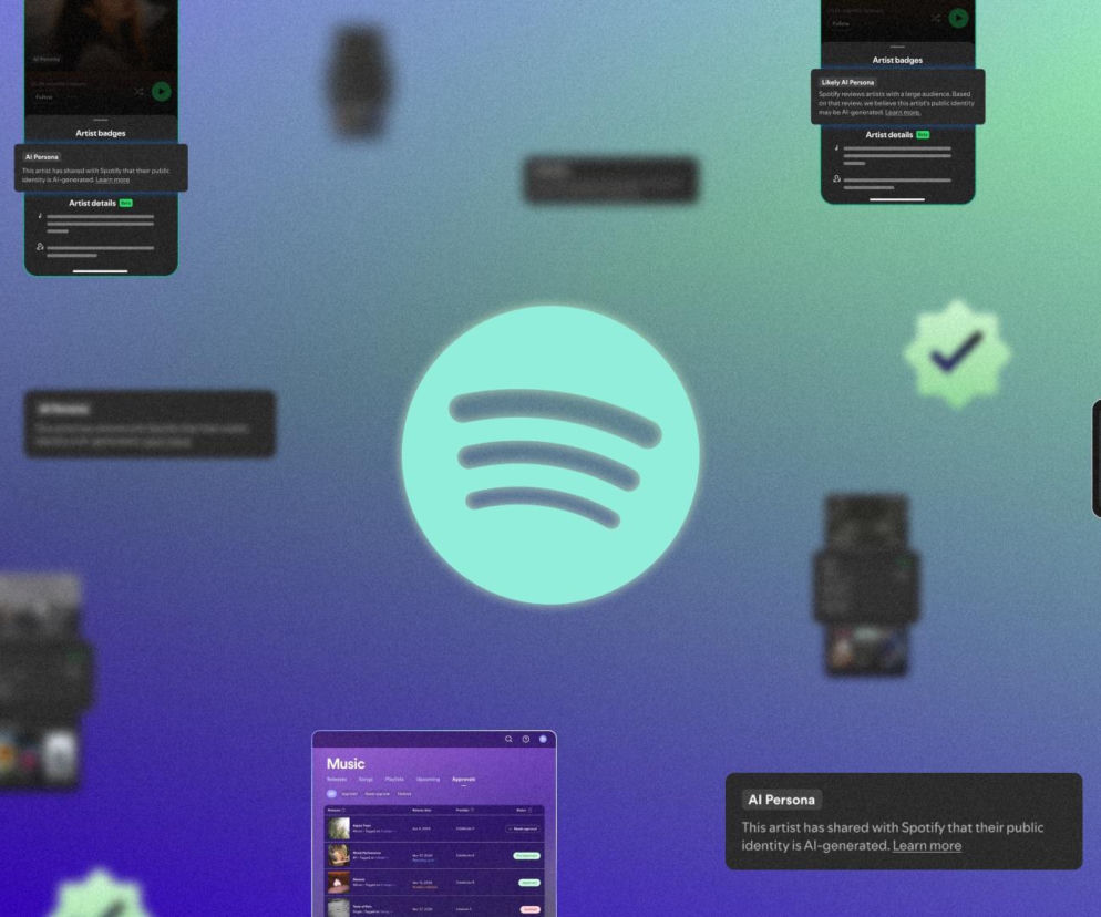 Logo Spotify otoczone zrzutami ekranu z aplikacji z oznaczeniami AI Persona. O walce z muzyką z AI przeczytasz na SE.
