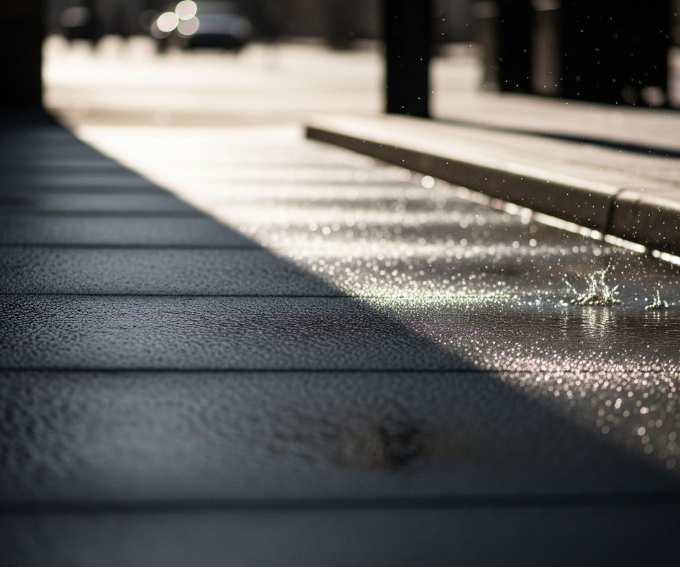 Fragment miejskiej scenerii przedstawia ciemnoszarą, wilgotną nawierzchnię z płyt, na której odbija się słońce, tworząc jasną, pofałdowaną linię światła. Na linii styku cienia i światła, po prawej stronie kadru, widać pojedynczą, rozpryskującą się kroplę wody, z której unosi się mgiełka drobnych kropel. W tle, w rozmyciu, majaczą niewyraźne kształty budynków lub drzew oraz kilka jasnych, okrągłych świateł bokeh. Lewa strona kadru jest pogrążona w głębokim cieniu, ukazując jedynie strukturę ułożonych prostokątnych płyt.