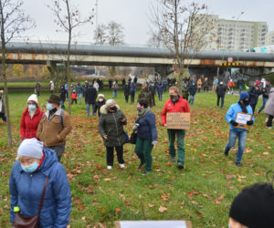 Protest przeciwko inwestycji w parku Dolinka Służewiecka