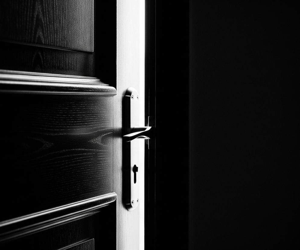 Częściowo otwarte, ciemne drzwi zajmują lewą stronę kadru. Widoczne jest ich drewniane usłojenie oraz delikatnie profilowane listwy, z których jedna jest wyraźnie podświetlona na dole. Na krawędzi drzwi, blisko środka obrazu, znajduje się metalowy zamek z otworem na klucz i rękojeścią. Między drzwiami a ciemną przestrzenią po prawej stronie widać wąską, pionową smugę jasnego światła. Prawa część obrazu to całkowita ciemność.