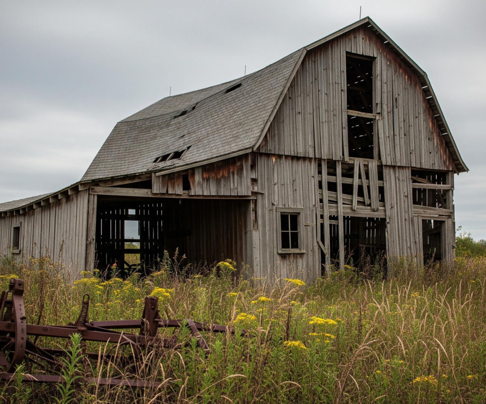 Centralnym elementem obrazu jest duża, zniszczona drewniana stodoła w kolorze szarym, z widocznymi ubytkami w poszyciu dachu i ścianach. Budynek stoi na porośniętym wysoką trawą polu, w której widać liczne żółte kwiaty i rdzewiejące, stare narzędzie rolnicze w pierwszym planie po lewej stronie. Tło stanowi linia drzew w ciemnozielonych odcieniach, a całość znajduje się pod zachmurzonym, jasnoszarym niebem.