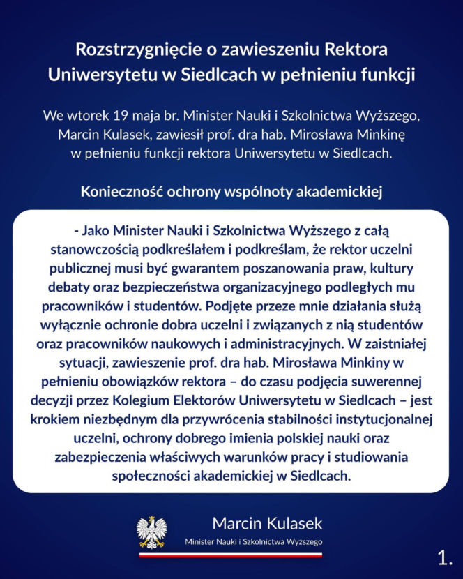 Rektor Uniwersytetu w Siedlcach Mirosław Minkina zawieszony w obowiązkach!