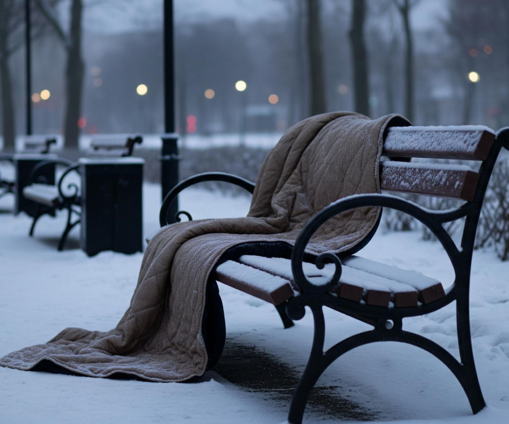 Na pierwszym planie, z prawej strony, znajduje się pusta ławka parkowa pokryta warstwą białego śniegu. Na oparciu i siedzisku ławki leży beżowy, pikowany koc, który częściowo zwisa na zaśnieżoną ziemię. Konstrukcja ławki jest wykonana z ciemnego, prawdopodobnie metalowego, dekoracyjnie wygiętego stelaża oraz drewnianych desek w kolorze ciemnego brązu, na których zalega śnieg.

Teren wokół ławki jest w całości pokryty równą warstwą śniegu, tworząc jednolitą, jasną powierzchnię. W tle, po lewej stronie, widoczne są kolejne ławki, również przysypane śniegiem, oraz ciemny kosz na śmieci. Dalej w oddali, rozmyte tło przedstawia sylwetki nagich drzew i krzewów, a także kilka rozmytych świateł ulicznych, które emitują żółte i pomarańczowe poświaty. Całość obrazu utrzymana jest w chłodnych odcieniach bieli, szarości i brązu, sugerując zimową scenerię.