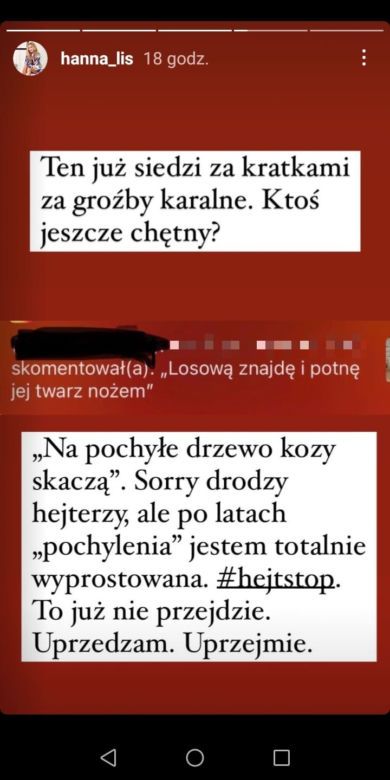 Hanna Lis totalnie wstrząśnięta. Groził, że potnie jej twarz