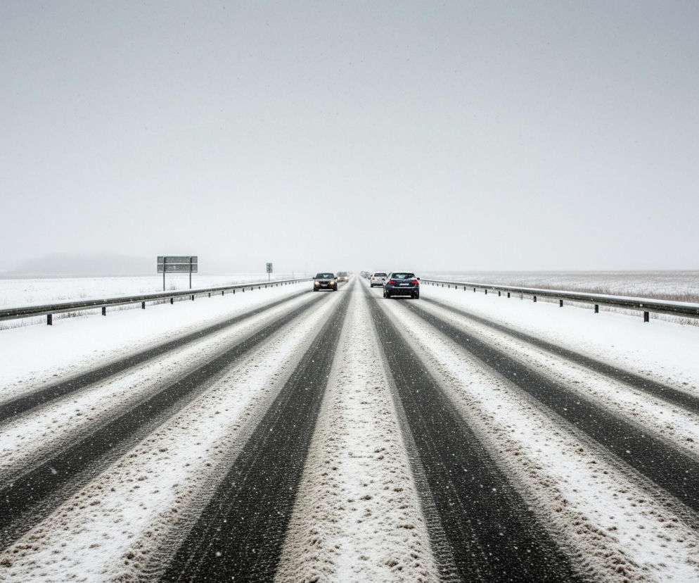 Droga szybkiego ruchu ciągnie się przez środek kadru, pokryta warstwą śniegu i błota pośniegowego, z widocznymi czterema ciemnymi pasami wytartymi przez opony pojazdów. W oddali, w kierunku horyzontu, kilka samochodów porusza się po drodze, z których jeden, ciemny, znajduje się bliżej prawej strony, a kolejny, jasny, dalej po lewej. Szare, zimowe niebo i horyzont z zamglonymi polami po obu stronach drogi dominują w górnej części obrazu. Po obu stronach drogi widoczne są bariery energochłonne, a za nimi rozciąga się zaśnieżony, płaski krajobraz.