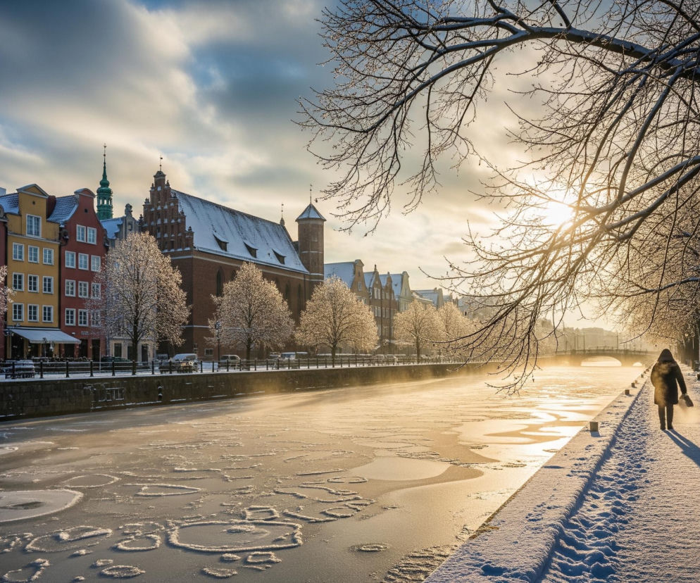 Zasypana śniegiem panorama zimowego miasta, gdzie wzdłuż zamarzniętej rzeki stoją kolorowe kamienice i zabytkowe budynki pokryte białym puchem. Słońce, nisko zawieszone nad horyzontem po prawej stronie, rzuca długie cienie na ośnieżony chodnik, po którym idzie postać w ciemnym płaszczu, a jego promienie odbijają się od tafli lodu na rzece, nadając jej złoty blask. Nad głową postaci rozpościerają się ośnieżone, nagie gałęzie drzew, które filtrują światło słoneczne. Na lewym brzegu widać budynki o różnobarwnych fasadach, z dachami i drzewami pokrytymi śniegiem.