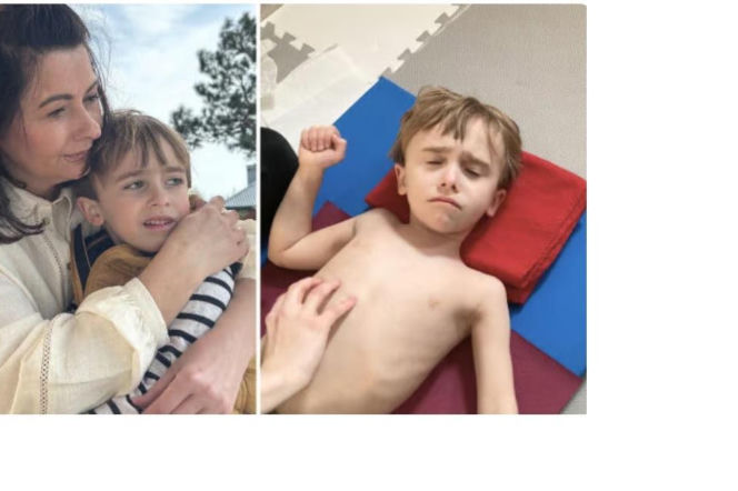 Dwie fotografie w kolażu: po lewej uśmiechnięta kobieta w jasnej koszuli obejmująca chłopca, Leona Słomkę; po prawej Leon podczas rehabilitacji, leżący na matach z ręką masażysty na brzuchu. Na naszym portalu znajdziesz więcej informacji o jego walce z DMD.