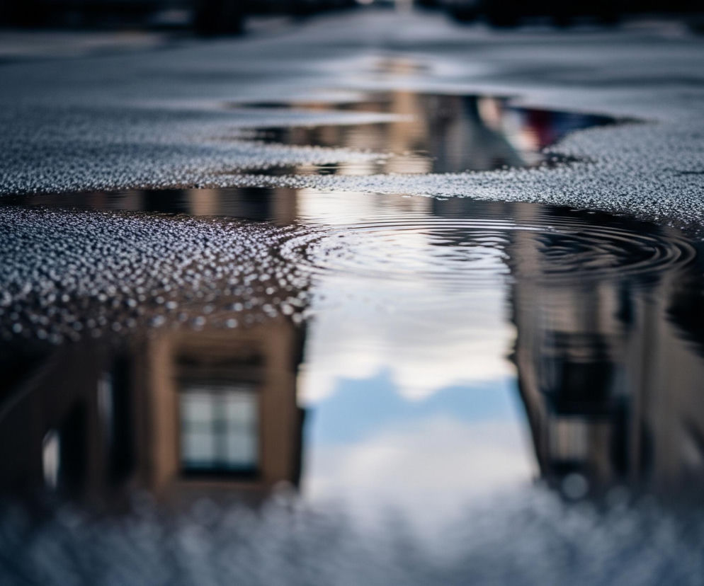 Wielokątna kałuża wody odbija zamglony obraz budynku i nieba na ciemnym, ziarnistym asfalcie. Na powierzchni wody, w centrum pierwszego planu, widoczne są koncentryczne fale, rozchodzące się od punktu uderzenia. Odbicie ukazuje brązowy budynek z oknem, a obok niego niebieskie niebo z białymi chmurami. Asfalt wokół kałuży jest pokryty licznymi, drobnymi kroplami wody, tworzącymi ziarnistą teksturę, która staje się mniej wyraźna w oddali.