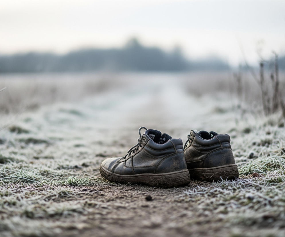 Na zdjęciu widzimy parę ciemnych, brudnych butów trekkingowych, leżących na pokrytej szronem ścieżce, która biegnie przez zamarznięte pole. Ścieżka, widoczna pośrodku kadru, jest ziemista i częściowo błotnista. Trawa po obu stronach ścieżki jest pokryta białym szronem, a suche źdźbła roślin wystają z ziemi, również oszronione. W tle widoczny jest rozmyty zarys linii drzew pod jasnym, zachmurzonym niebem, co sugeruje wczesny poranek lub późne popołudnie.