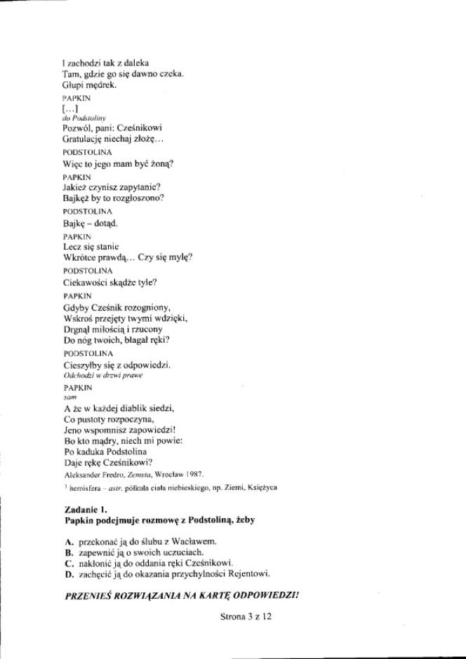 EGZAMIN GIMNAZJALNY 2012, JĘZYK POLSKI - ARKUSZE, PYTANIA, ODPOWIEDZI - TEST GIMNAZJALNY 2012 JEZYK POLSKI