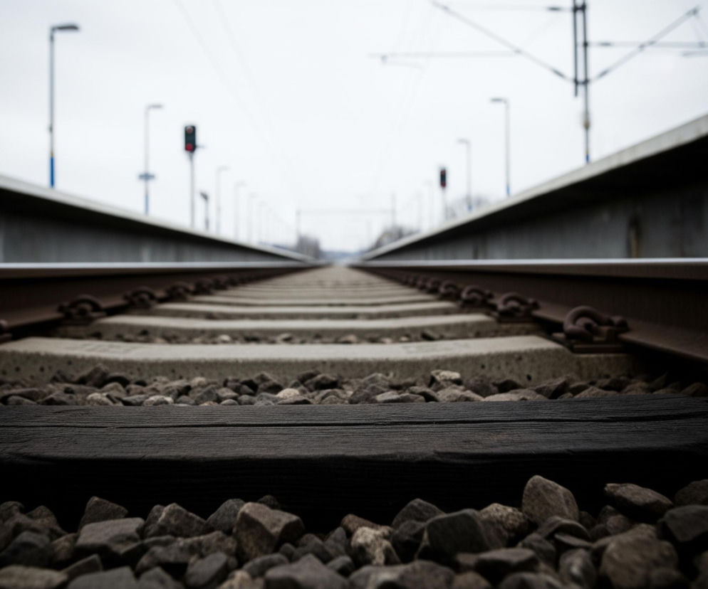 Dwa równoległe tory kolejowe rozciągają się w głąb obrazu, zbiegając się w oddali pod pochmurnym, jasnoszarym niebem. Tory spoczywają na szarych, betonowych podkładach, które są osadzone w warstwie ciemnych, ostrych kamieni. Po obu stronach torów widoczne są niskie, betonowe perony, a w tle pojawiają się słupy trakcji elektrycznej i rozmazane światła sygnalizatorów kolejowych.